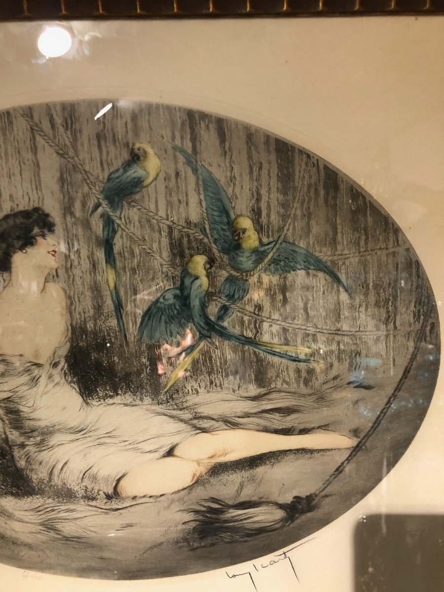 Superb Louis Icart Engraving Woman With Three Parrots-photo-7