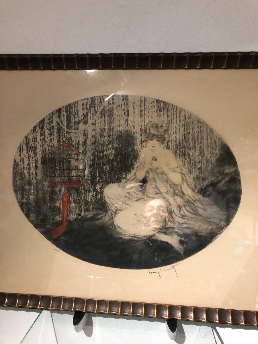 Superb Engraving By Louis Icart La Cage Rouge-photo-3