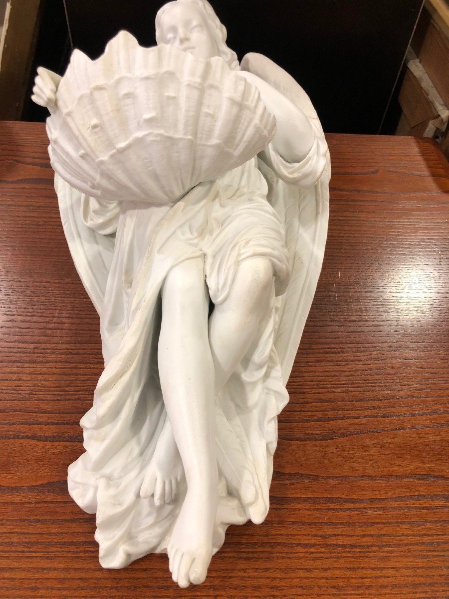 Large Porcelain Stoup Biscuit Angel XIX E-photo-2