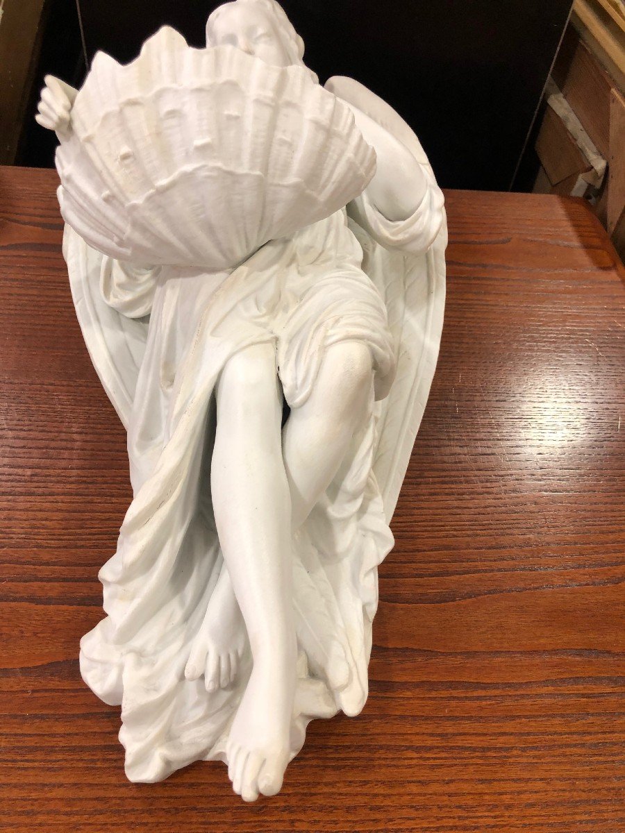 Large Porcelain Stoup Biscuit Angel XIX E-photo-7
