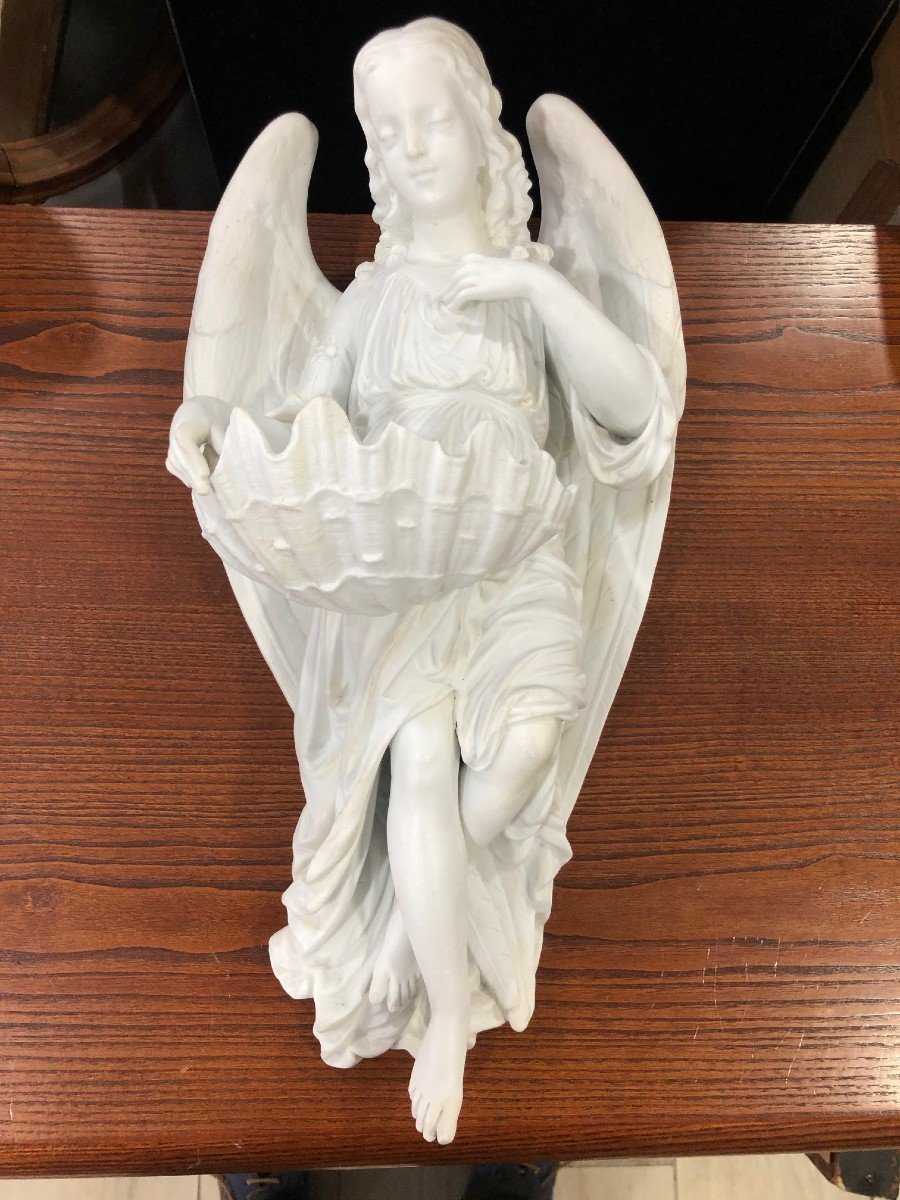 Large Porcelain Stoup Biscuit Angel XIX E