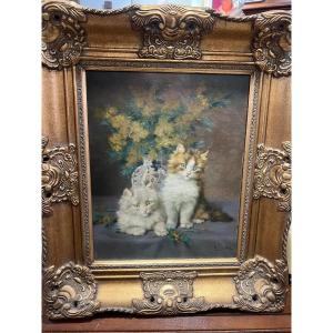 Painting Of Cats Oil On Canvas Signed Daniel Merlin