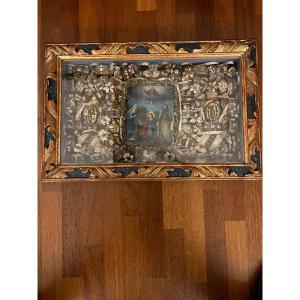 Tableau à Reliques Datée 1628 Comprenant Une Centaine De Reliques Et Médaillons Argent