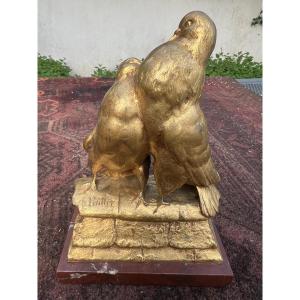 Gilded Bronze Couple Of Gables Signed Charles Paillet Cast Iron F.barbedienne