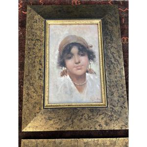 Oil On Panel By Giuseppe Tosti In Naples, Portrait Of A Young Italian Woman