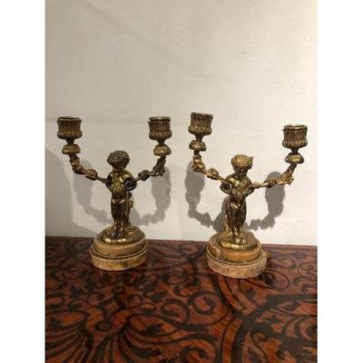 Pair Of Small Torches With Two Branches Signed Clodion Gilt Bronze