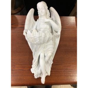 Large Porcelain Stoup Biscuit Angel XIX E