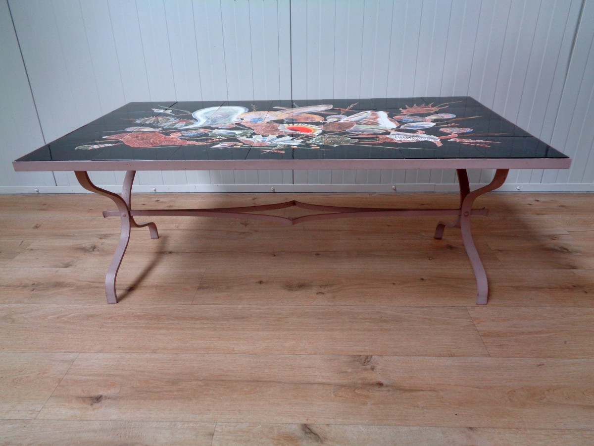  Guy Trévoux - Table basse plateau en céramique à décor de coquillages.-photo-2