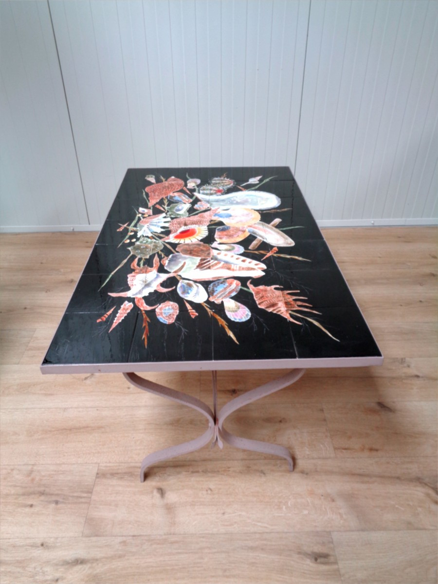  Guy Trévoux - Table basse plateau en céramique à décor de coquillages.-photo-3