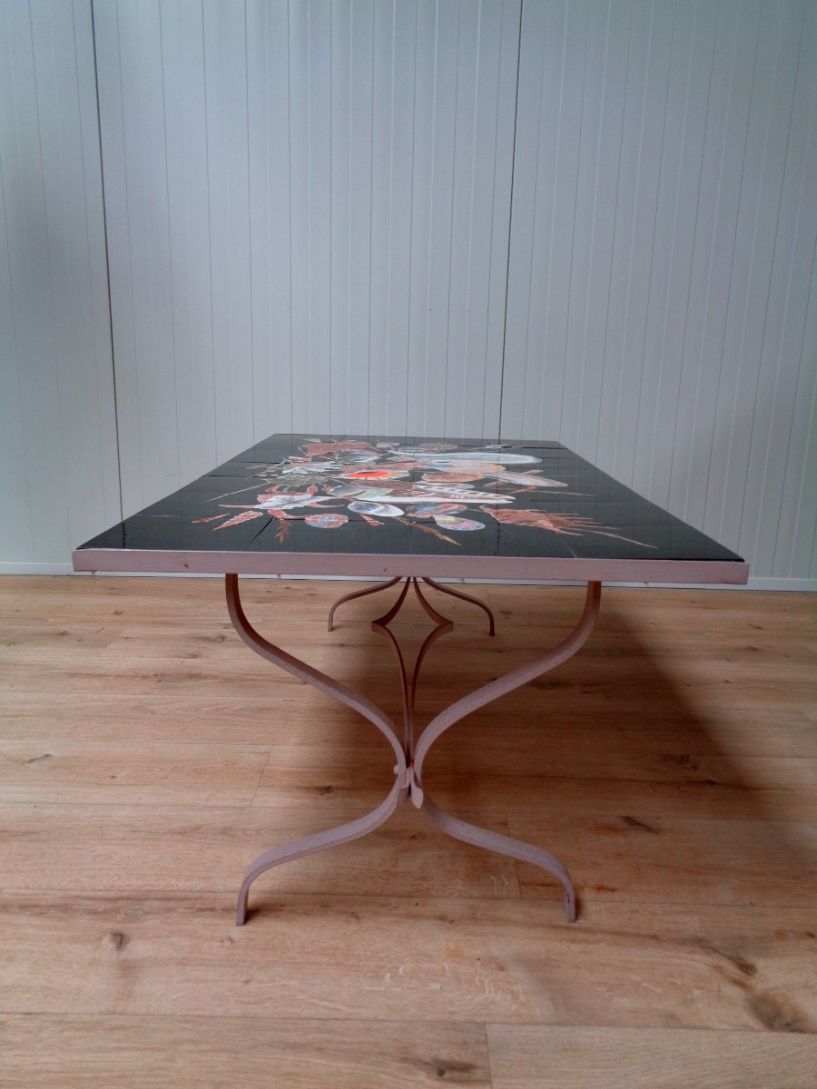  Guy Trévoux - Table basse plateau en céramique à décor de coquillages.-photo-4