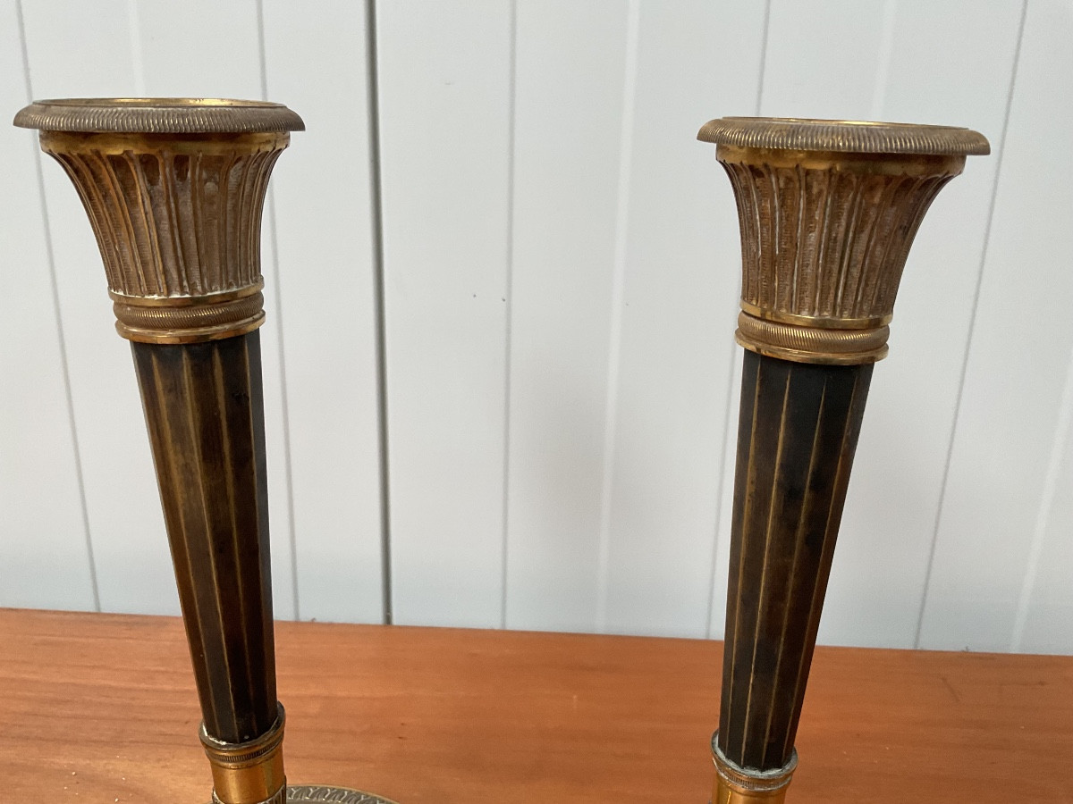 Pair Of Bronze Candlesticks From The Consulate Period.-photo-3