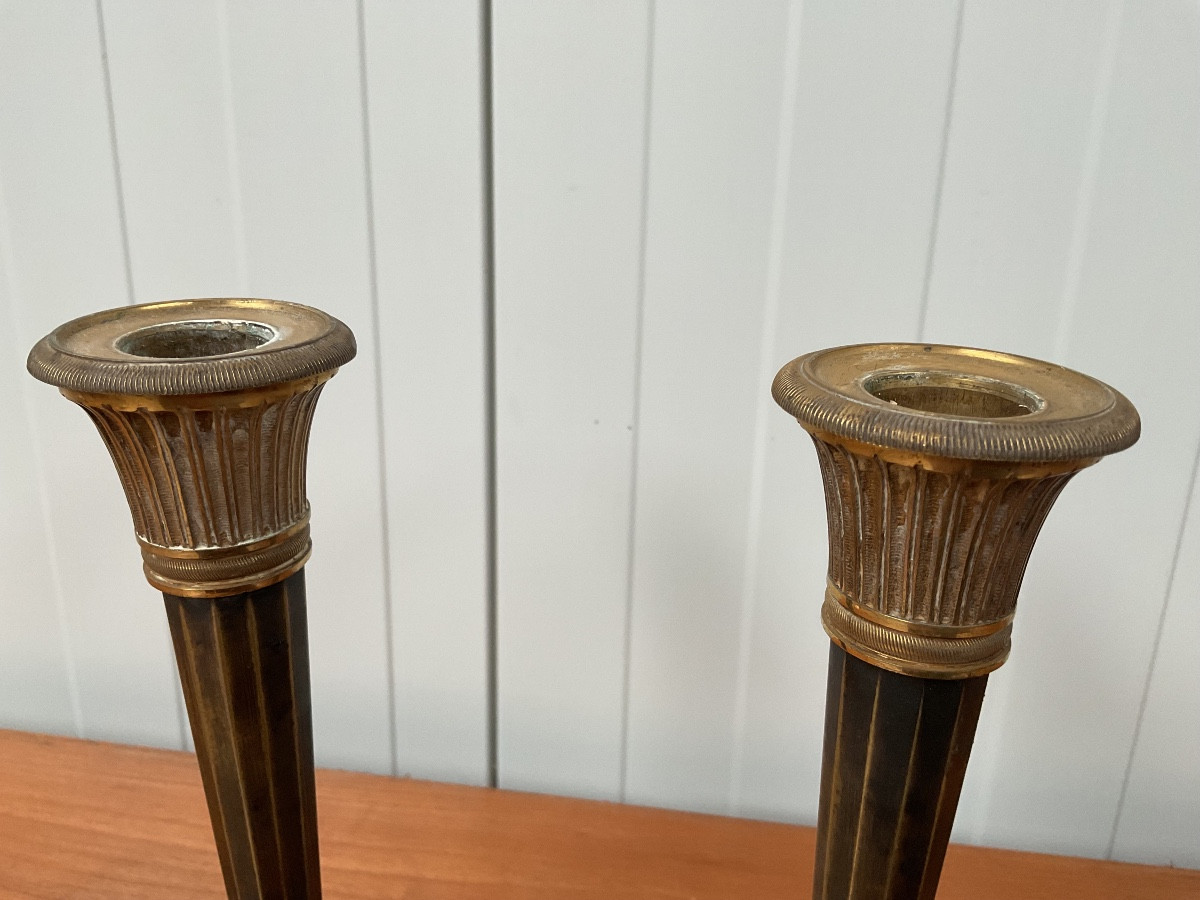 Pair Of Bronze Candlesticks From The Consulate Period.-photo-4