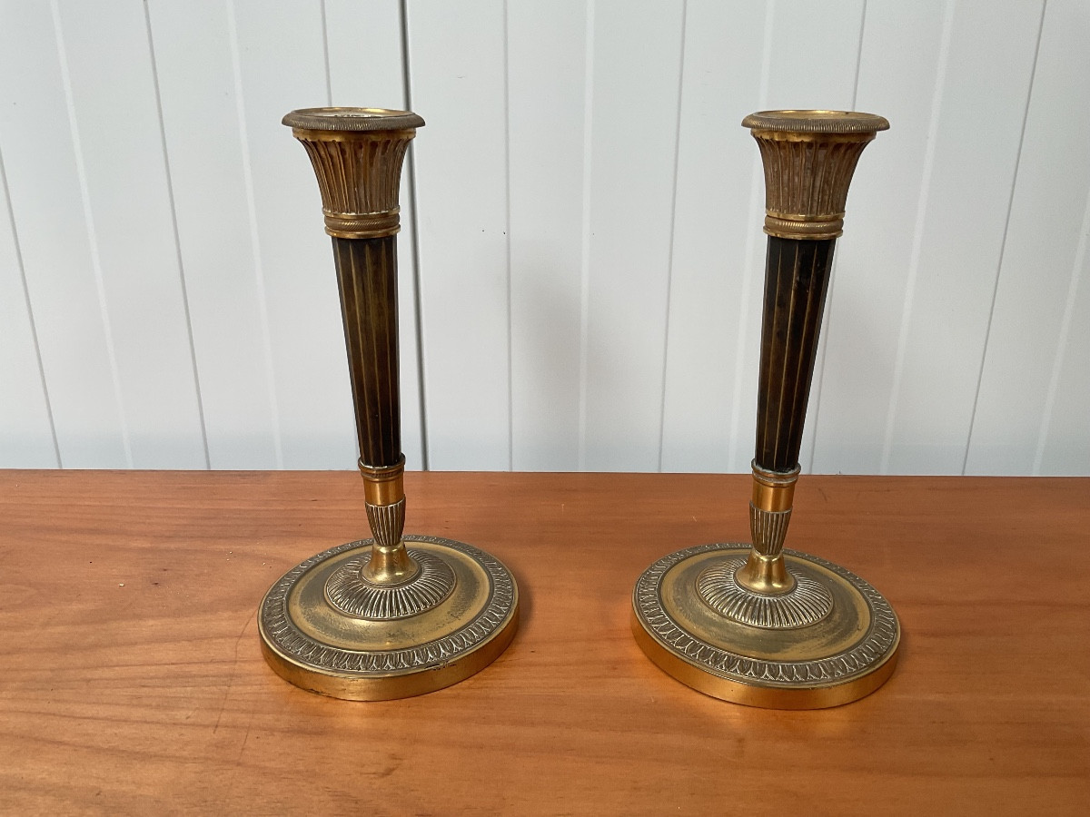 Pair Of Bronze Candlesticks From The Consulate Period.