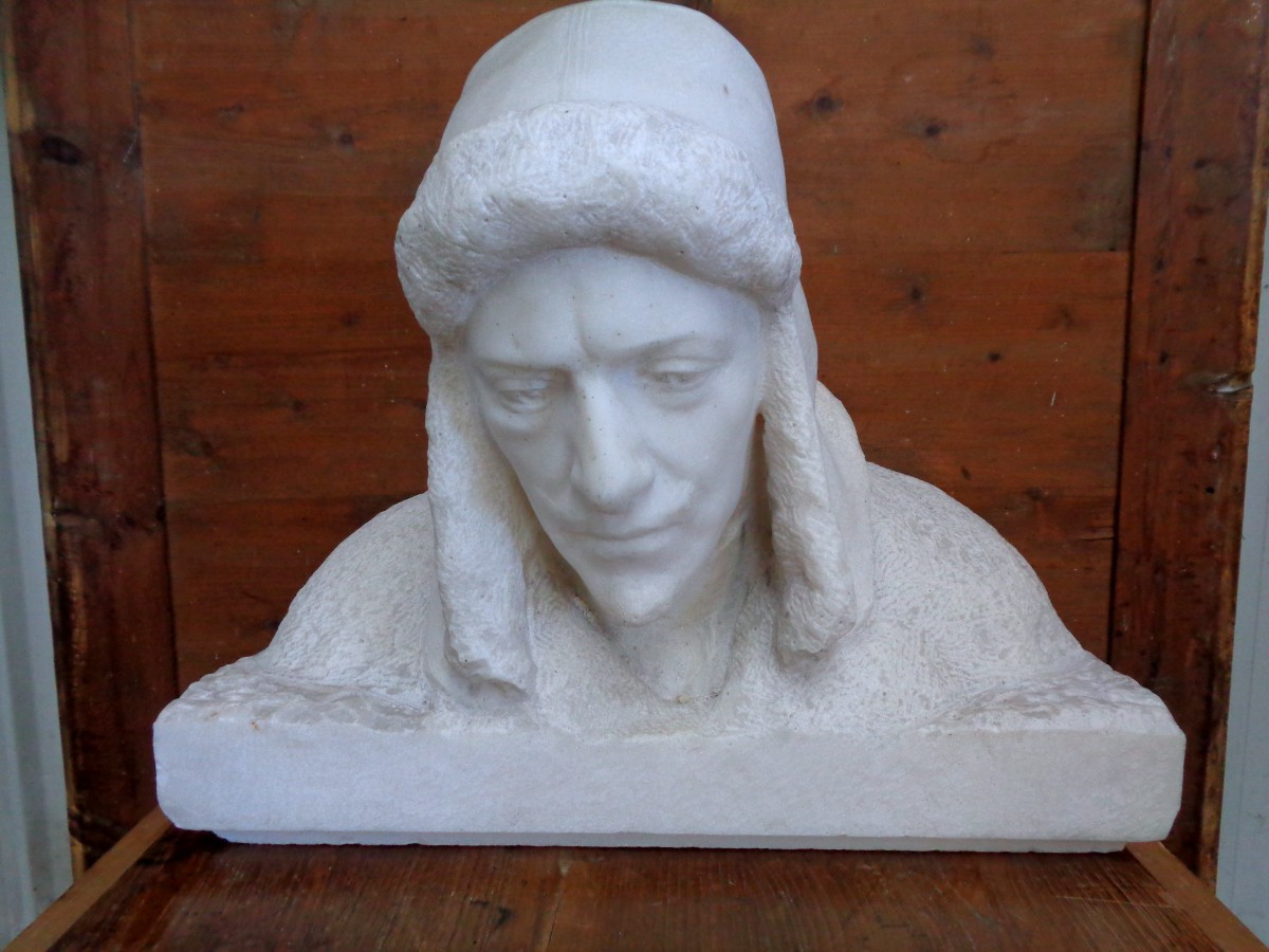 Bust Of A Man Wearing A Fur Hat In Carrara Marble