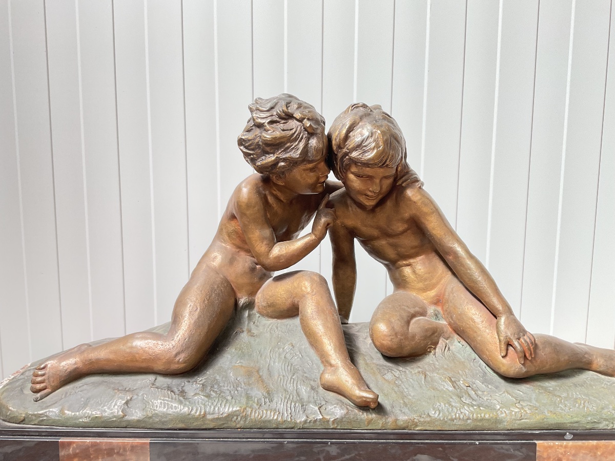 Sculpture Art Déco couple d’enfants en régul signée Hugo Cipriani-photo-2