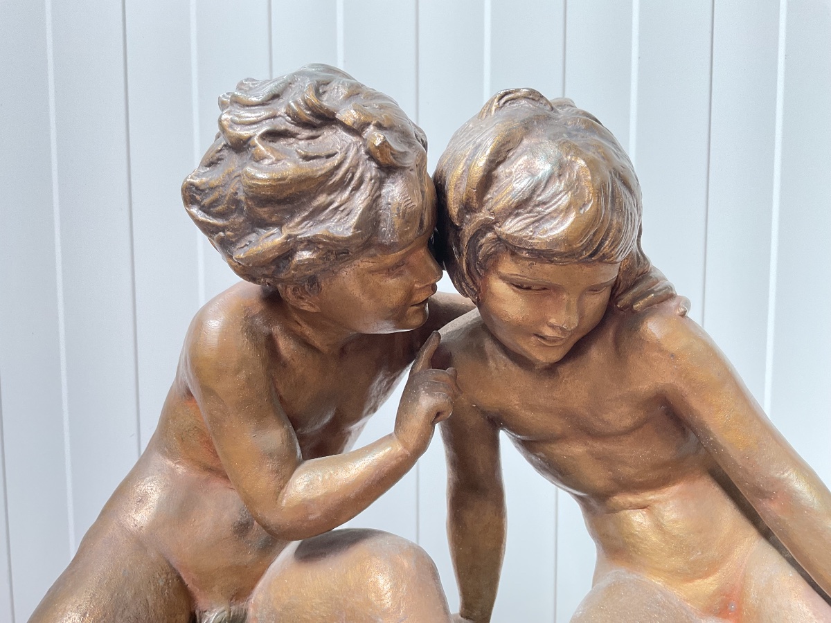 Sculpture Art Déco couple d’enfants en régul signée Hugo Cipriani-photo-3