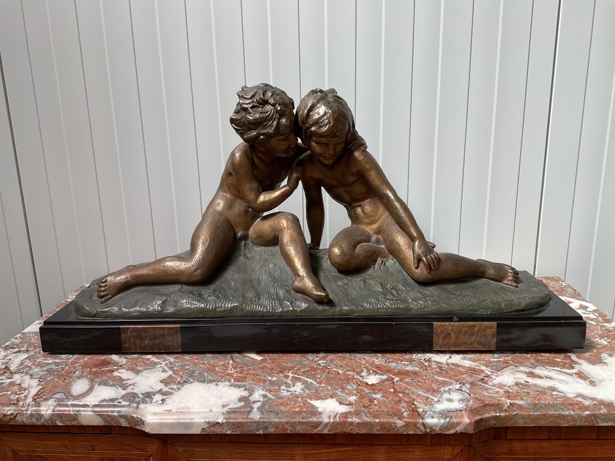 Sculpture Art Déco couple d’enfants en régul signée Hugo Cipriani