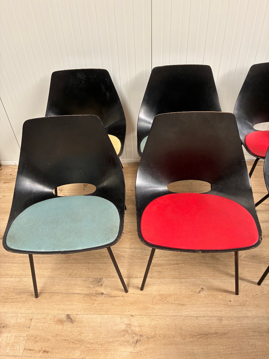 6 chaises « Tonneau » 1950 par Pierre  Guariche Éditions Steiner-photo-3