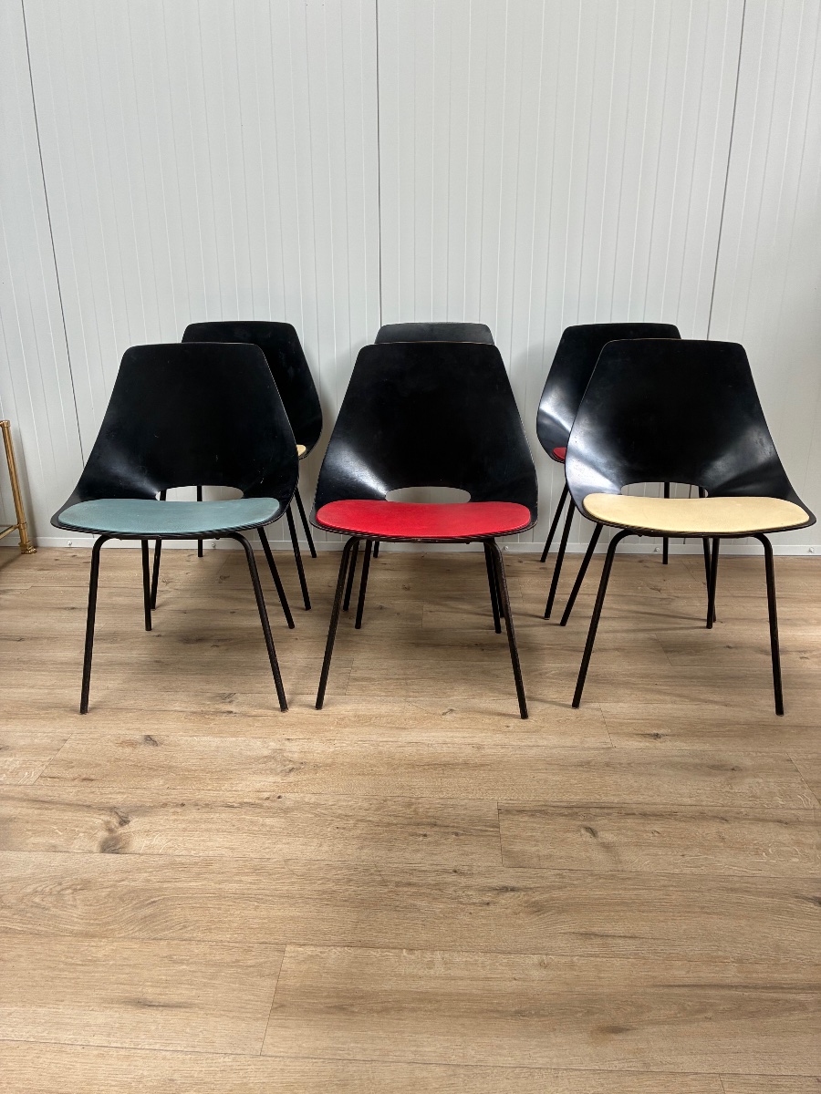 6 chaises « Tonneau » 1950 par Pierre  Guariche Éditions Steiner