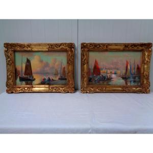 Pair Of Pastels By Mathurin Janssaud "return From Fishing At Concaneau"
