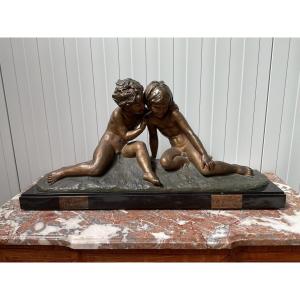 Sculpture Art Déco couple d’enfants en régul signée Hugo Cipriani