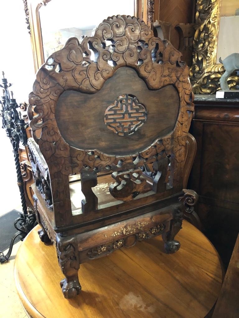 Fauteuil En Bois Sculpté Incrusté De Nacre,indochine-photo-2