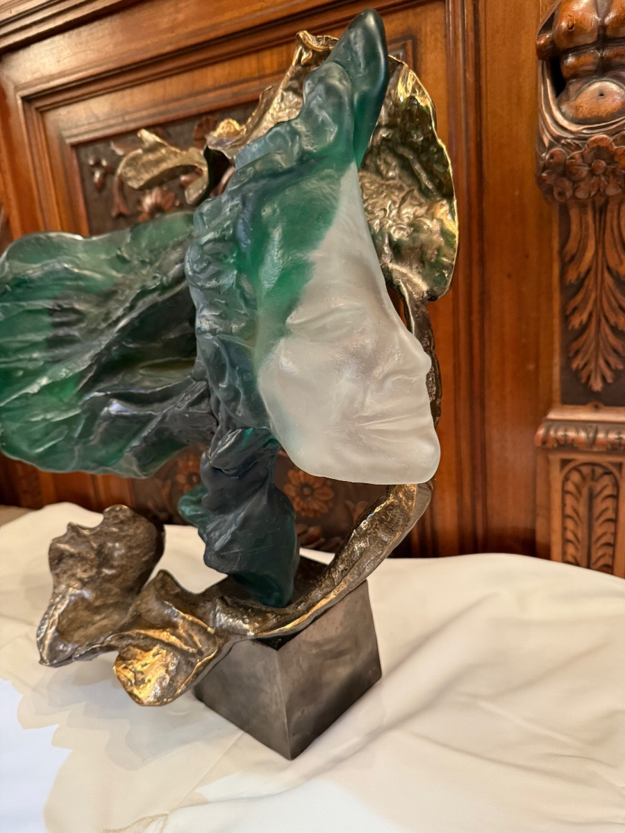 Bronze And Glass Paste Sculpture Signed Lohe-photo-2
