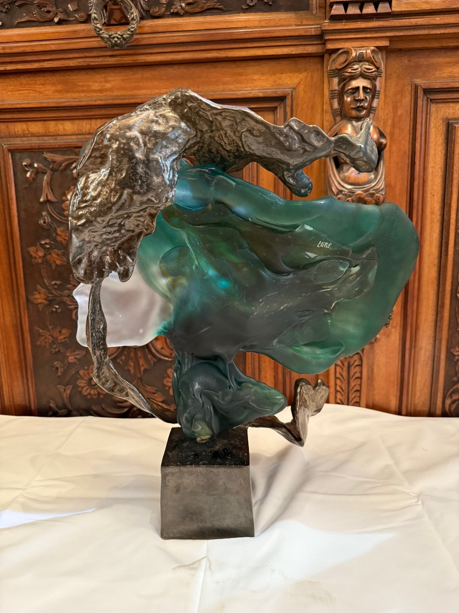 Bronze And Glass Paste Sculpture Signed Lohe-photo-3