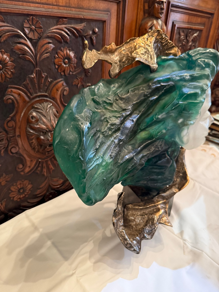 Bronze And Glass Paste Sculpture Signed Lohe-photo-4