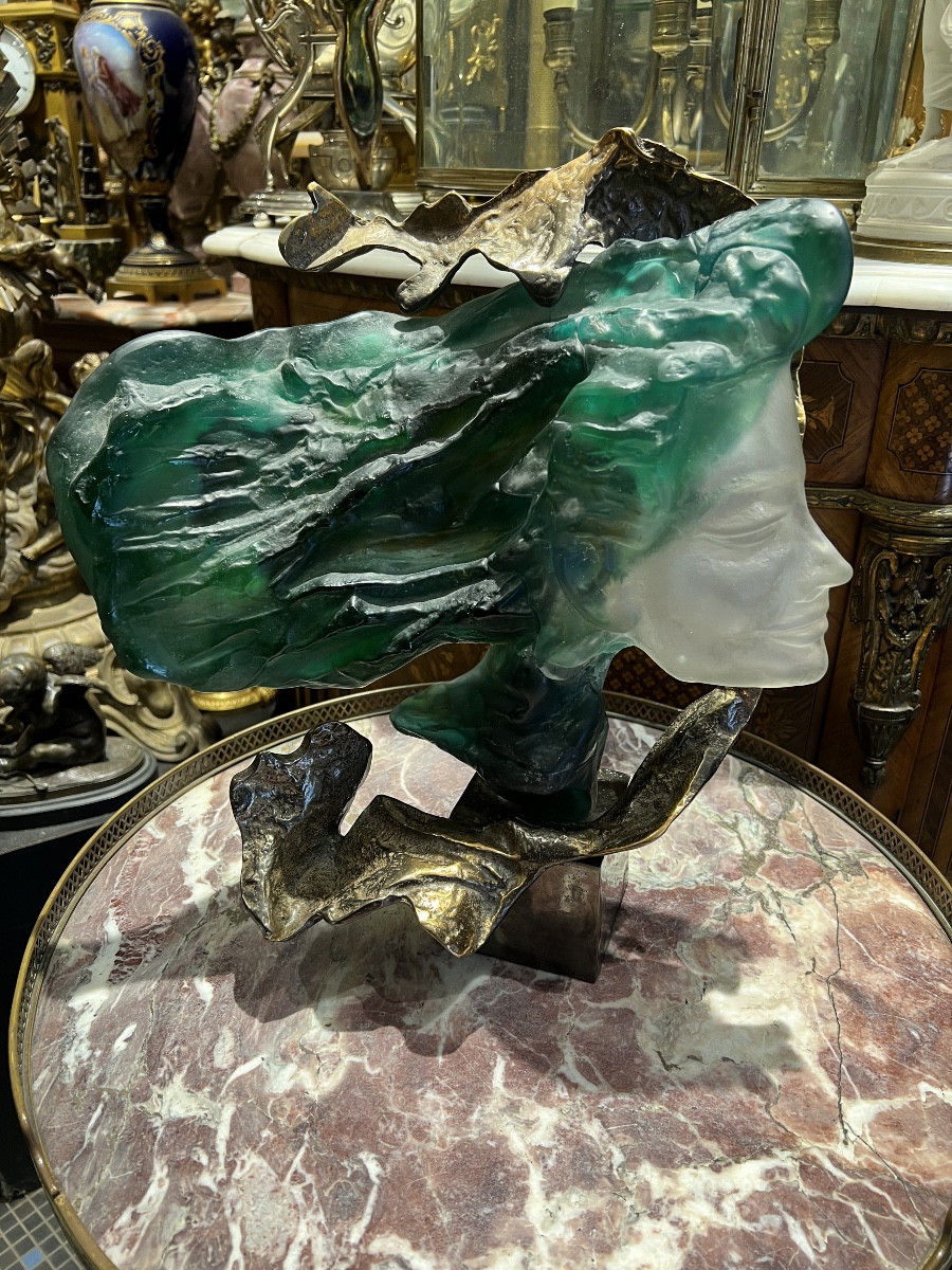 Sculpture En Bronze Et Pâte De Verre Signée LOHE