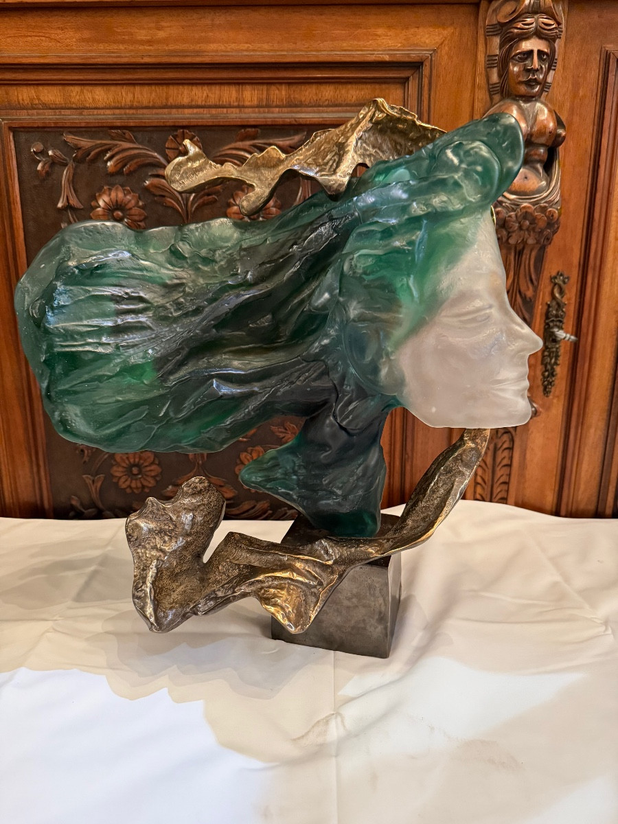 Bronze And Glass Paste Sculpture Signed Lohe