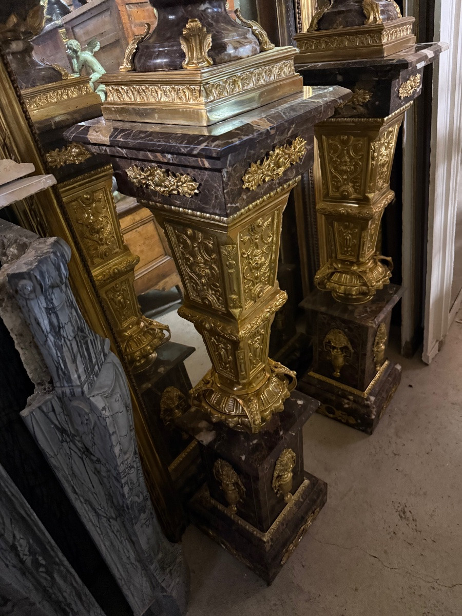 Large Pair Of Columns With Vases, In Marble And Bronze, Louis XV Style-photo-3