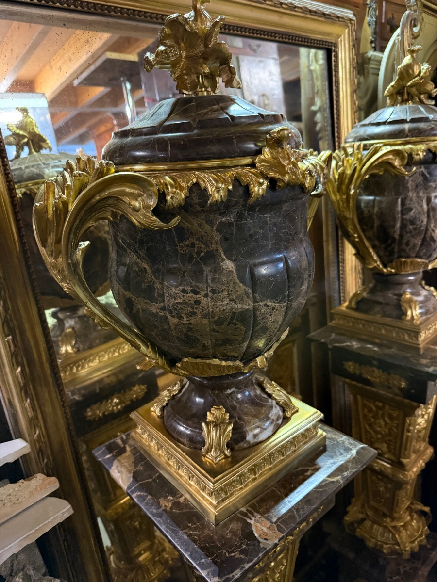 Large Pair Of Columns With Vases, In Marble And Bronze, Louis XV Style-photo-4
