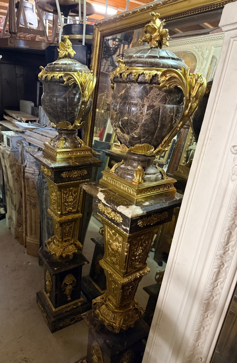 Large Pair Of Columns With Vases, In Marble And Bronze, Louis XV Style-photo-3