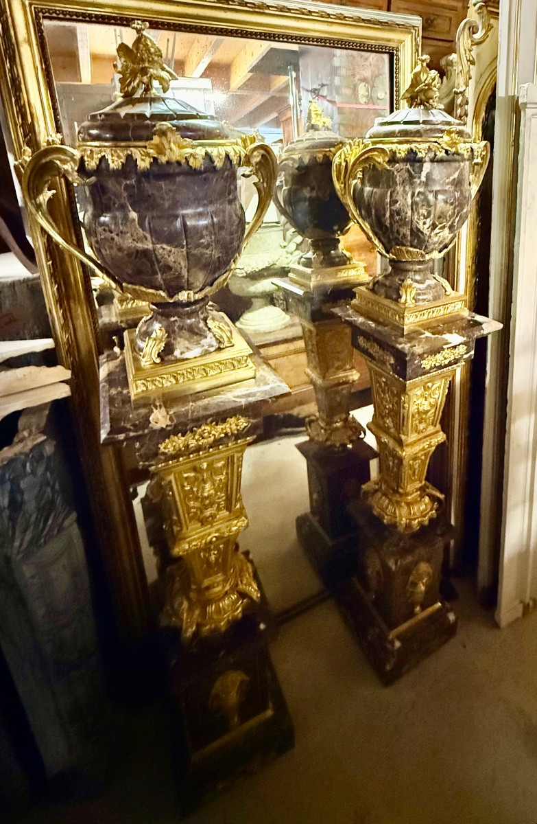 Large Pair Of Columns With Vases, In Marble And Bronze, Louis XV Style