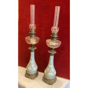 Pair Of Porcelain And Bronze Lamps Xlx Th Century