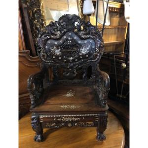 Armchair In Carved Wood Inlaid With Mother Of Pearl, Indochina