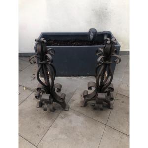 Pair Of Andirons In Wrought Iron