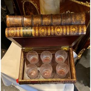 Fake Book Box With 6 Baccarat Crystal Whiskey Glasses 
