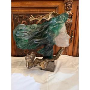 Bronze And Glass Paste Sculpture Signed Lohe