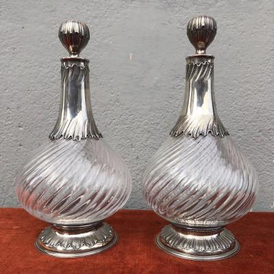 Paire De Carafe, Cristal Et Argent Massif Poinçon Minerve XIX 