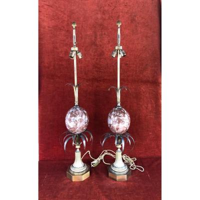 Pair Of Lamps In Bronze And Marble Egg Signed Charles