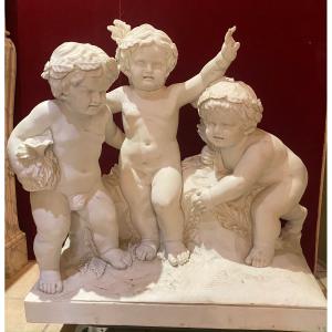 Group Of Three Cherubs In White Marble