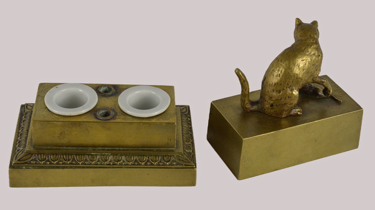 Bronze Inkwell With Cat And Mouse-photo-2
