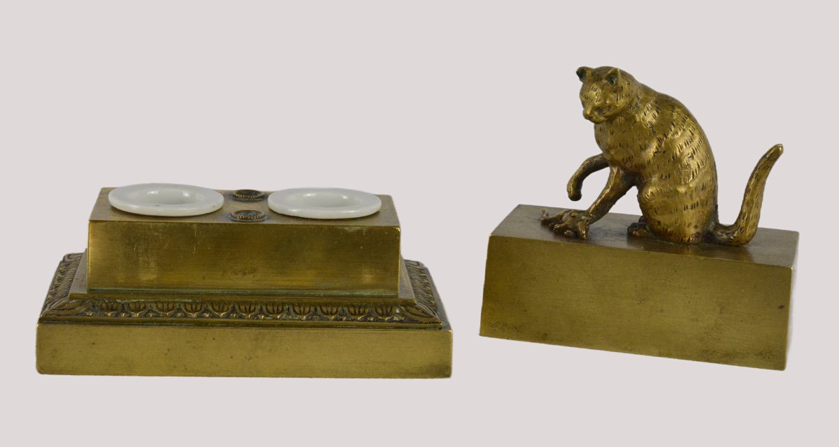Bronze Inkwell With Cat And Mouse-photo-8