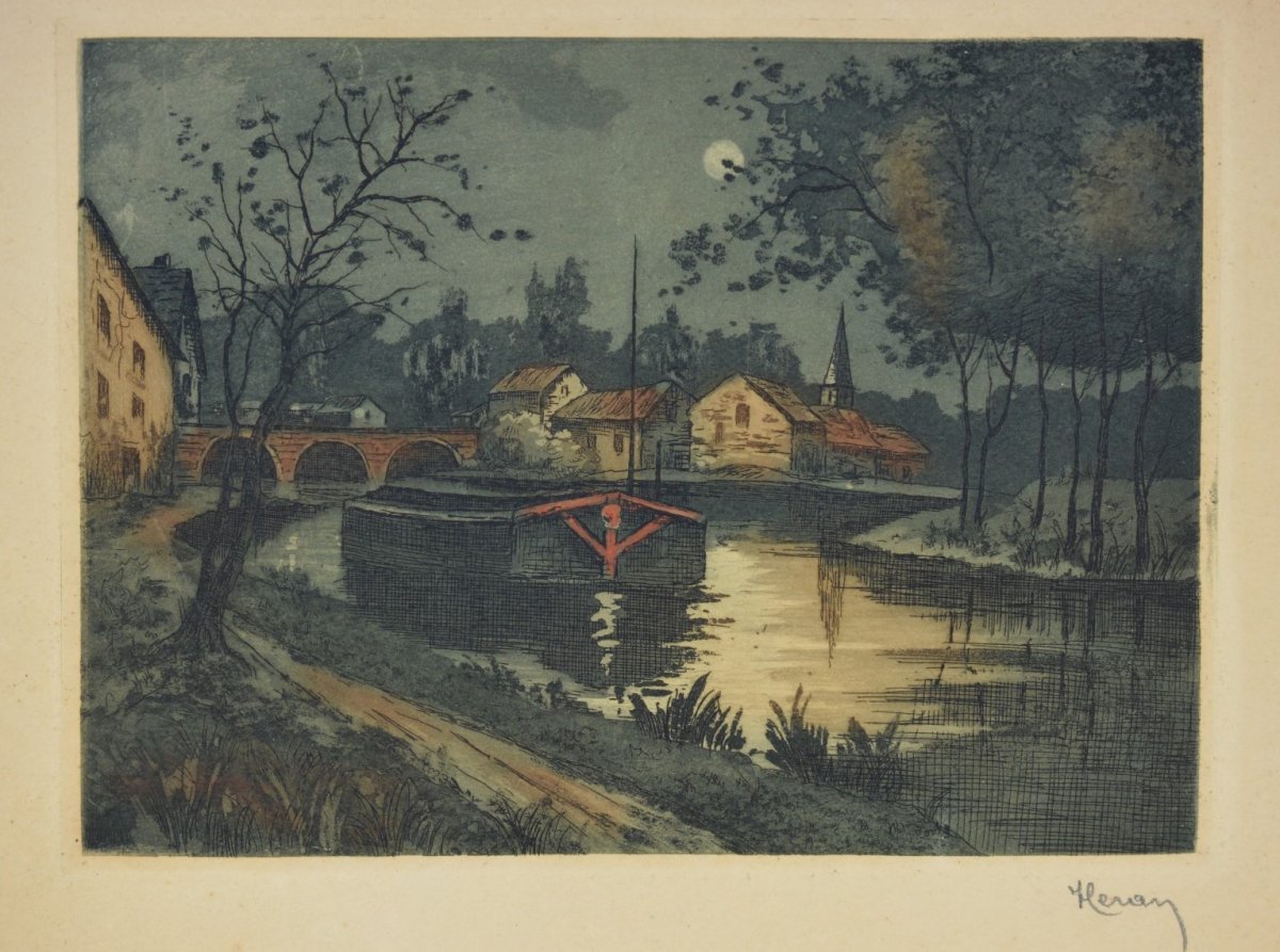 Cours d'eau sous la lune,  lithographie de Henri Heran-photo-3