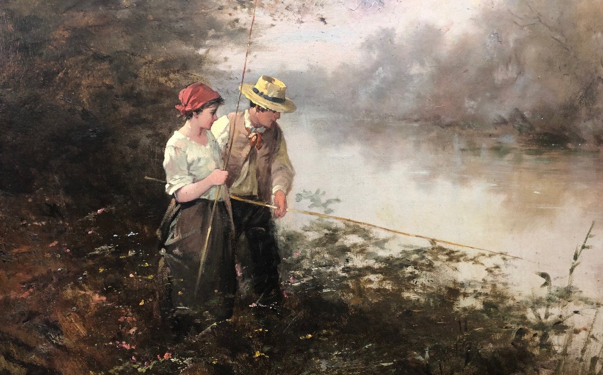 Ecole du XIX°; Illisible: "La leçon de pêche", huile sur toile XIX°-photo-3