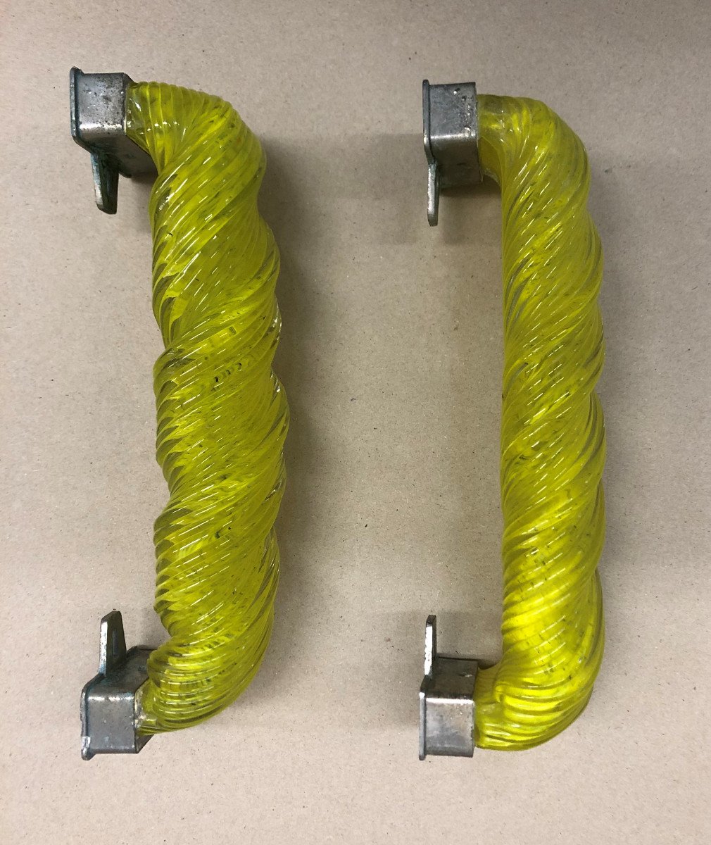 Design Vintage Italie Murano: "Poignées de porte en verre strié et coloré jaune au coeur"