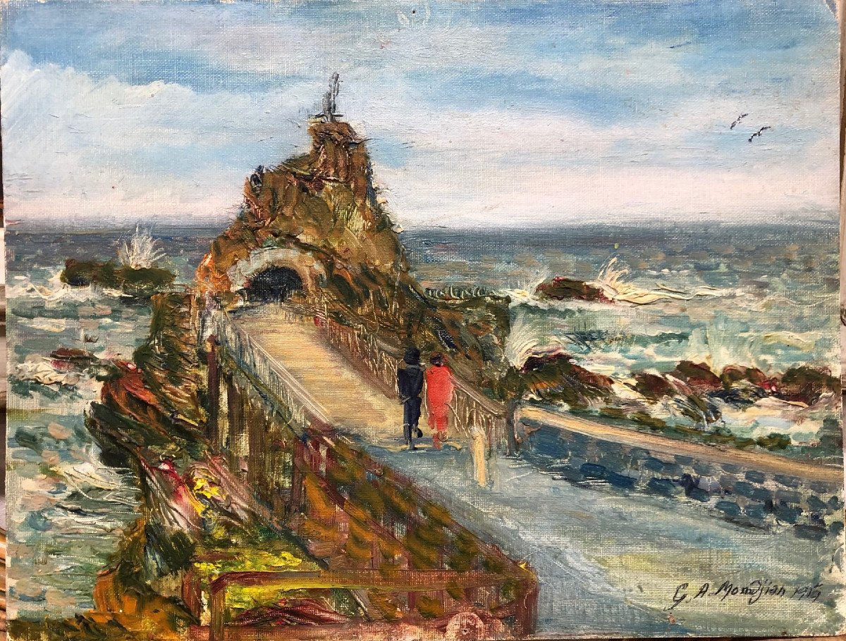 Pays Basque Garabed Momdjian (1922-2006) Arménien: «le Rocher De La Vierge à Biarritz» 1959