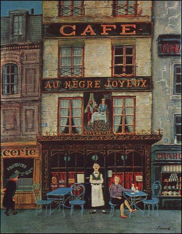 "Au nègre joyeux"; huile sur carton non signée vers 1940; Place Mouffetard Paris-photo-1